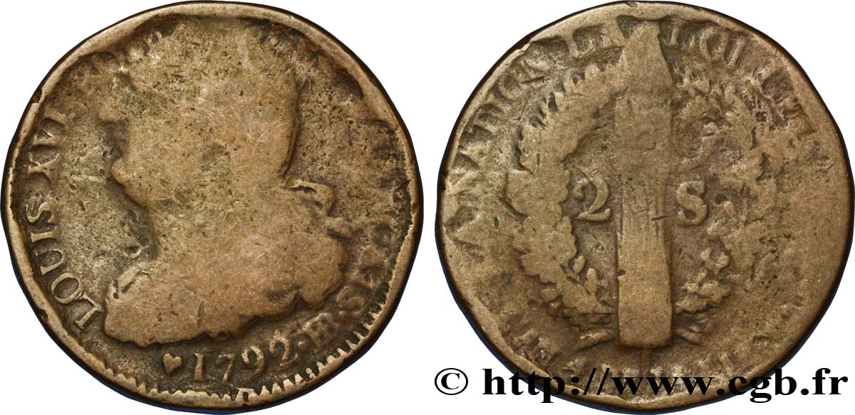 LOUIS XVI (MONARQUE CONSTITUTIONNEL)  2 sols dit &nbsp;au faisceau&nbsp;, type FRANÇAIS 1792 Strasbourg AB