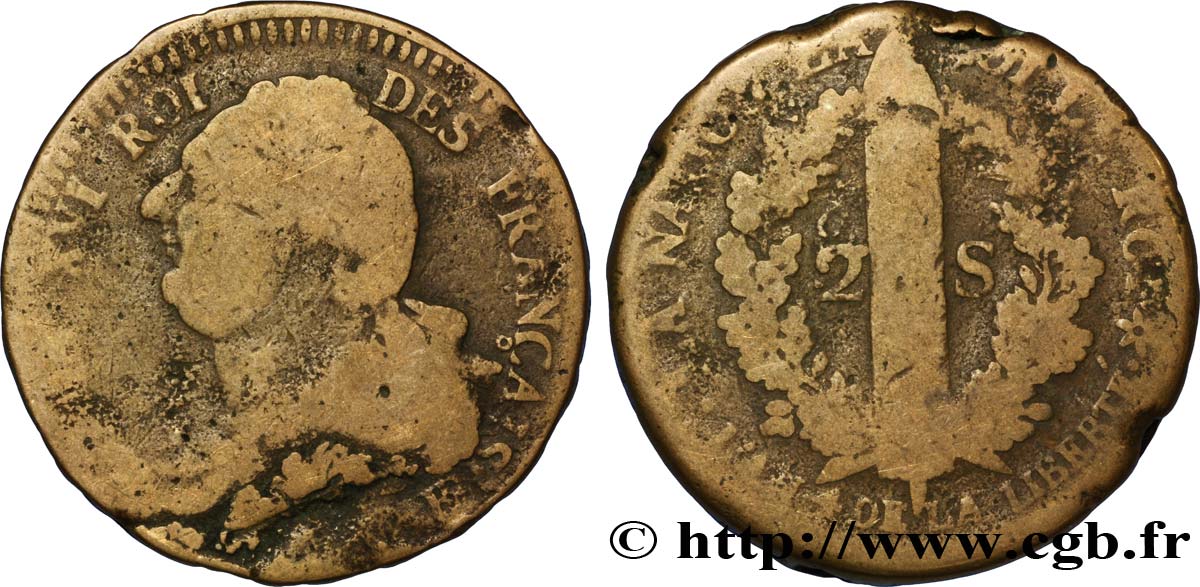 LOUIS XVI (MONARQUE CONSTITUTIONNEL)  2 sols dit  au faisceau , type FRANÇAIS 1792 Strasbourg B