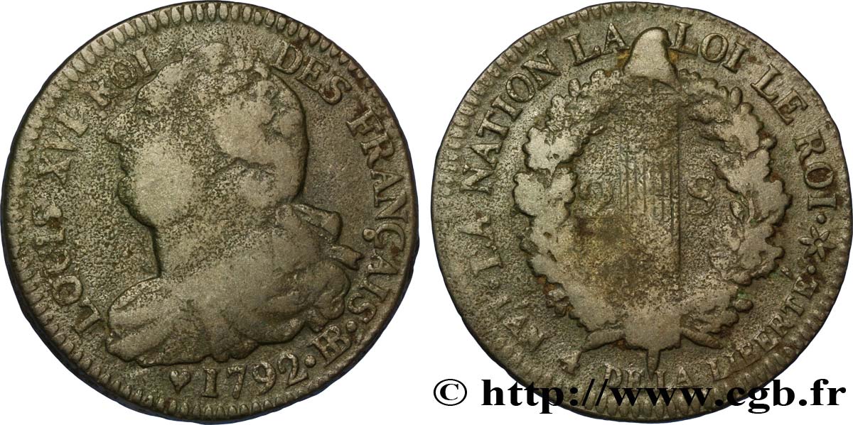 LOUIS XVI (MONARQUE CONSTITUTIONNEL)  2 sols dit &nbsp;au faisceau&nbsp;, type FRANÇAIS 1792 Strasbourg TB