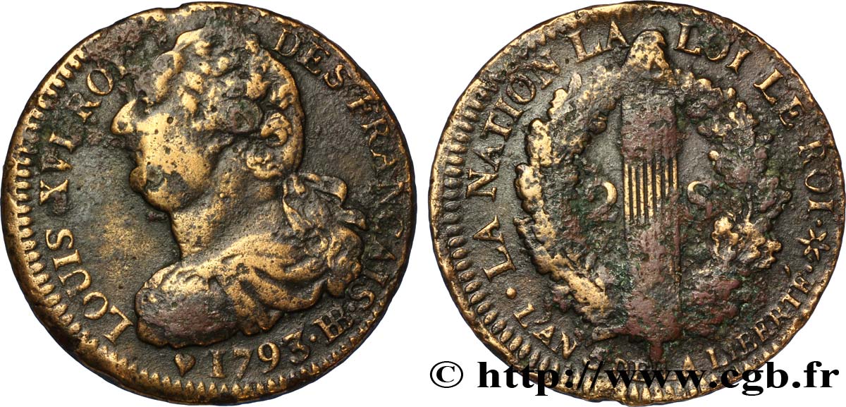 LOUIS XVI (MONARQUE CONSTITUTIONNEL)  2 sols dit &nbsp;au faisceau&nbsp;, type FRANÇAIS 1793 Strasbourg TB