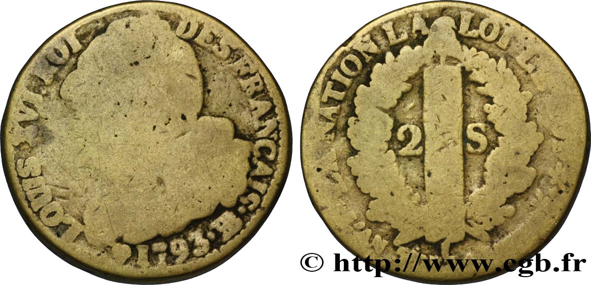 LOUIS XVI 2 sols dit  au faisceau , type FRANÇAIS 1793 Strasbourg G