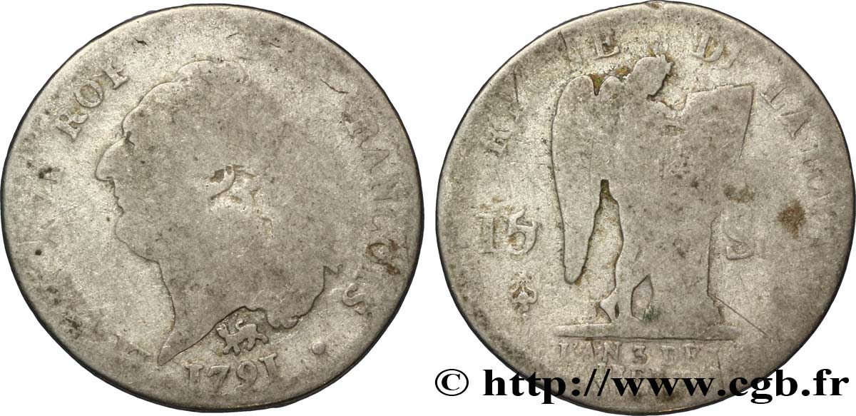 LOUIS XVI (MONARQUE CONSTITUTIONNEL)  15 sols dit  au génie , type FRANÇOIS 1791 Paris AB