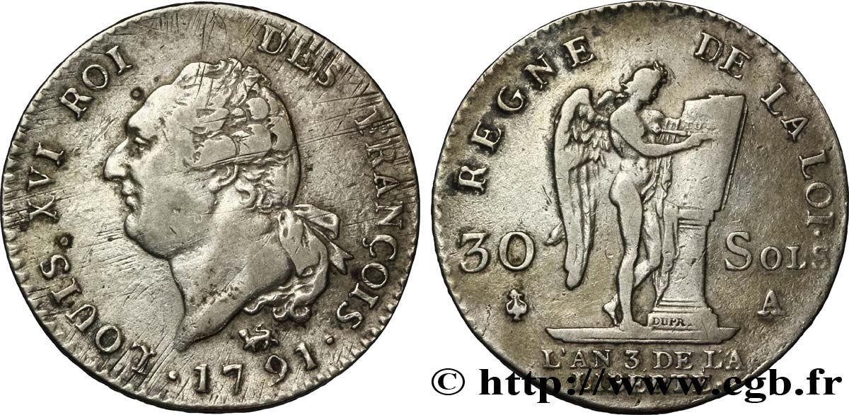 LOUIS XVI 30 sols dit  au génie , type FRANÇOIS 1791 Paris fSS