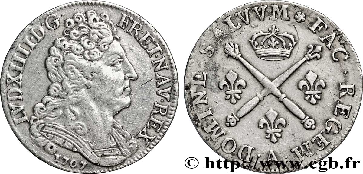 LOUIS XIV LE GRAND OU LE ROI SOLEIL 20 sols aux insignes 1707 Paris TTB