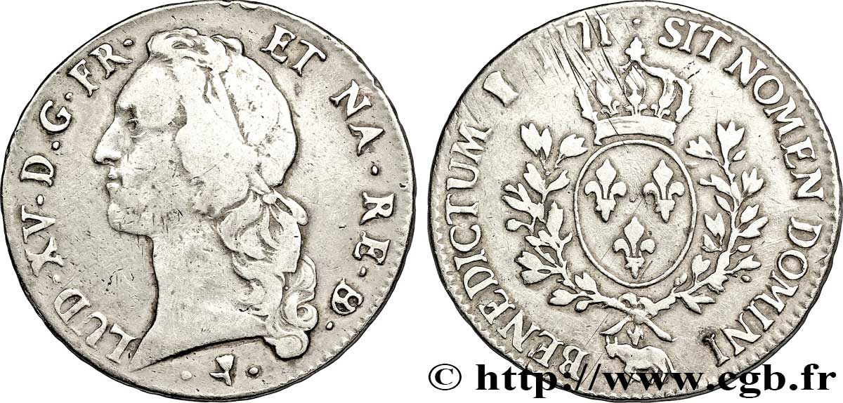 LOUIS XV  THE WELL-BELOVED  Écu aux branches d’olivier, tête ceinte d’un bandeau 1771 Pau S/fSS