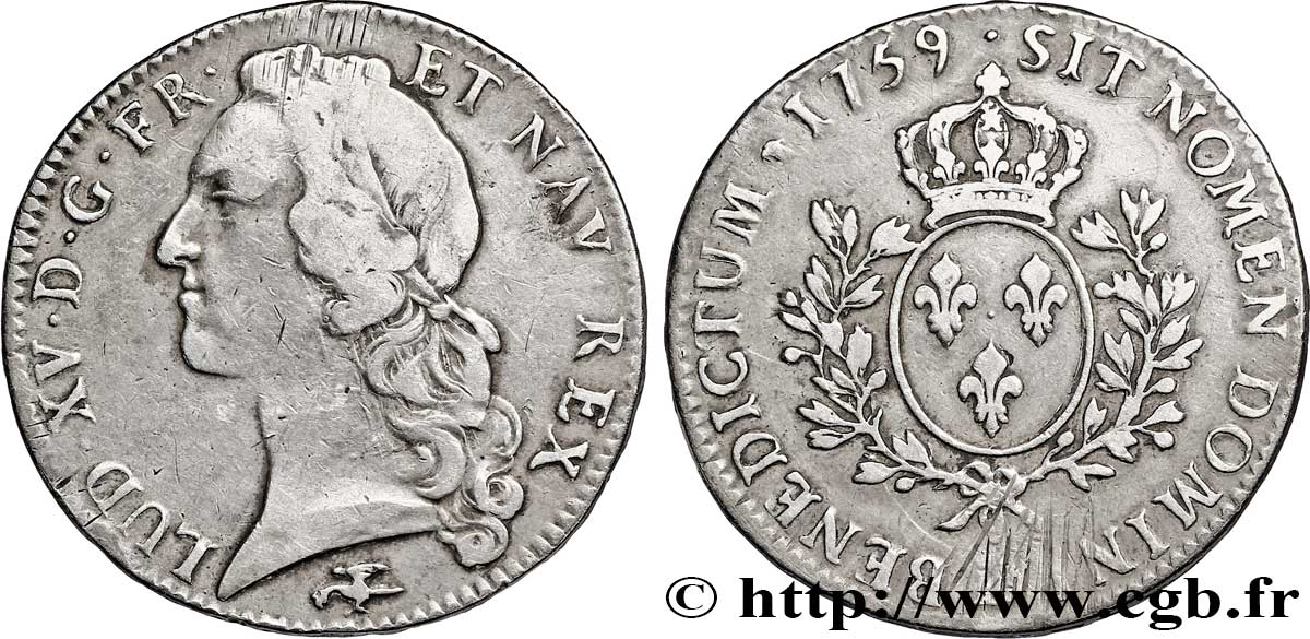 LOUIS XV DIT LE BIEN AIMÉ Écu aux branches d’olivier, tête ceinte d’un bandeau 1759 Lyon TB