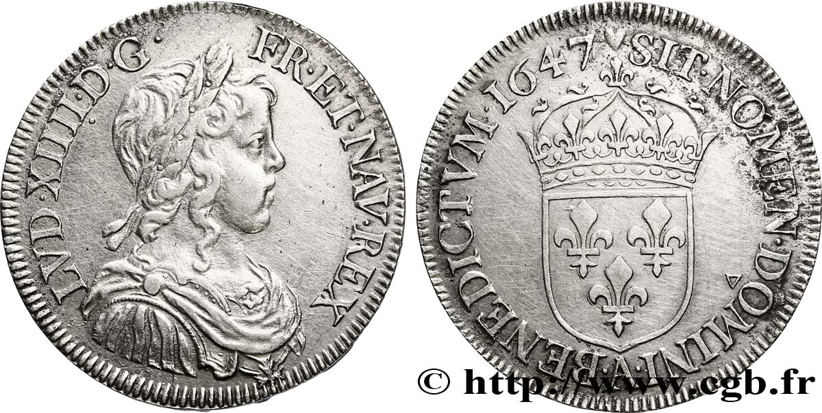 LOUIS XIV LE GRAND OU LE ROI SOLEIL Demi-écu, portrait à la mèche longue 1647 Paris TTB