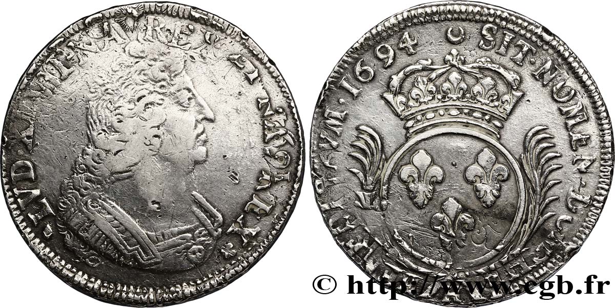 LOUIS XIV LE GRAND OU LE ROI SOLEIL Écu aux palmes 1694 La Rochelle TB+