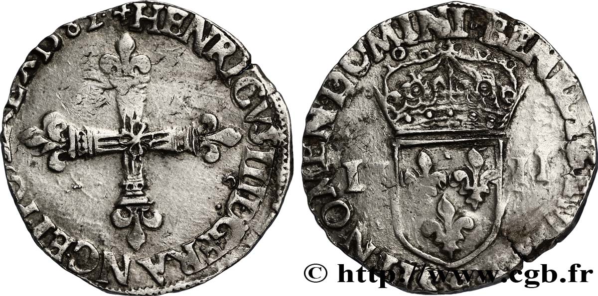 HENRY III Quart d écu, croix de face 1582 Rennes S