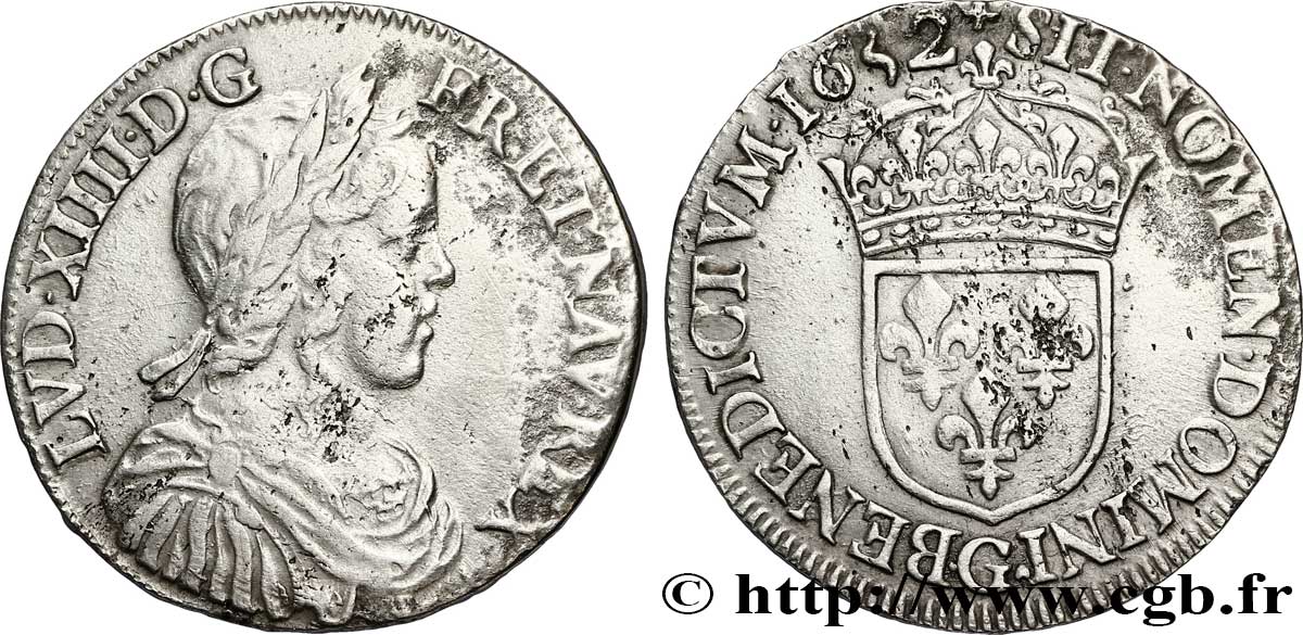 LOUIS XIV LE GRAND OU LE ROI SOLEIL Demi-écu, portrait à la mèche longue 1652 Poitiers TB+