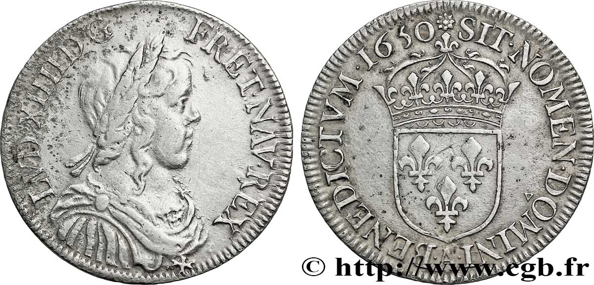 LOUIS XIV LE GRAND OU LE ROI SOLEIL Demi-écu, portrait à la mèche longue 1650 Paris TB