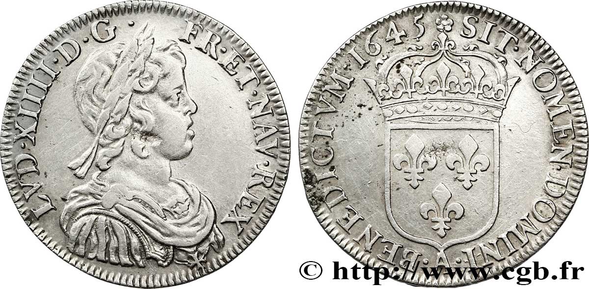 LOUIS XIV  THE SUN KING  Demi-écu, portrait à la mèche courte 1645 Paris, Monnaie de Matignon fSS