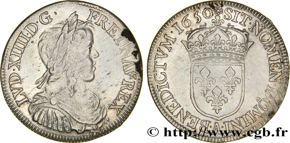 LOUIS XIV LE GRAND OU LE ROI SOLEIL Demi-écu, portrait à la mèche longue 1650 Paris TB+