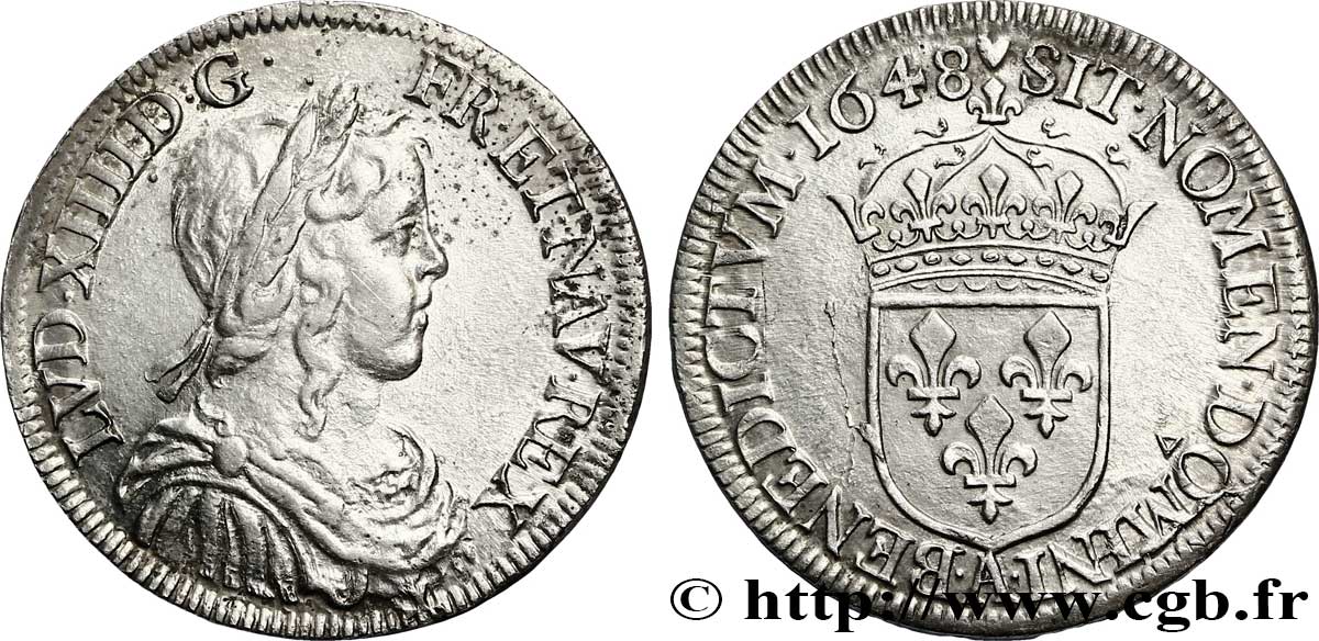 LOUIS XIV LE GRAND OU LE ROI SOLEIL Demi-écu, portrait à la mèche longue 1648 Paris TB+