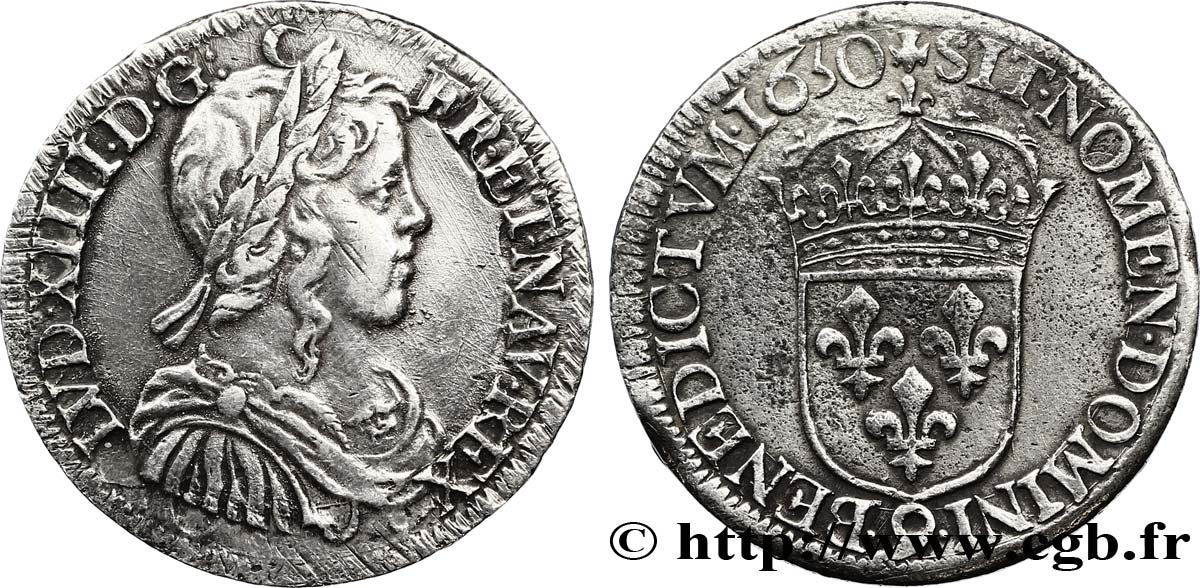 LOUIS XIV  THE SUN KING  Demi-écu, portrait à la mèche longue 1650 Rennes VF
