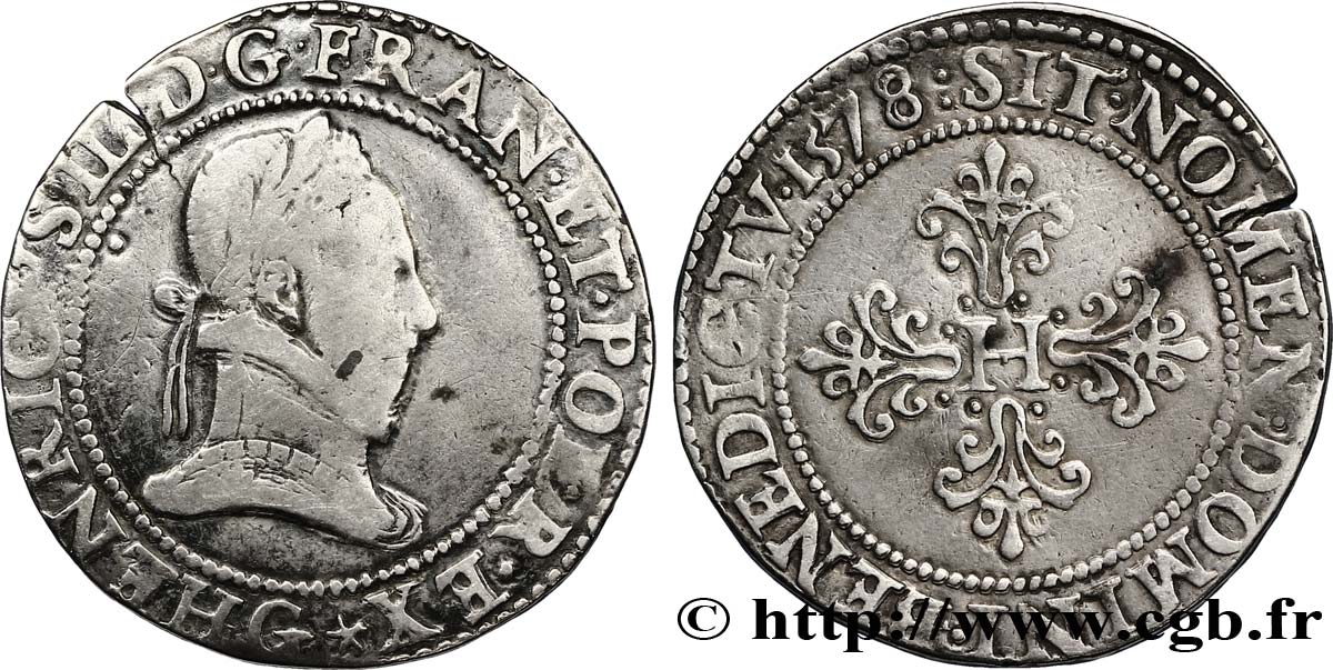 HENRI III Franc au col plat 1578 Poitiers B/TB+
