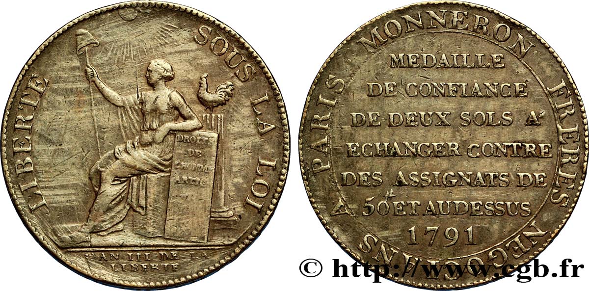 REVOLUTION COINAGE Monneron de 2 sols à la Liberté 1791 Birmingham, Soho fSS