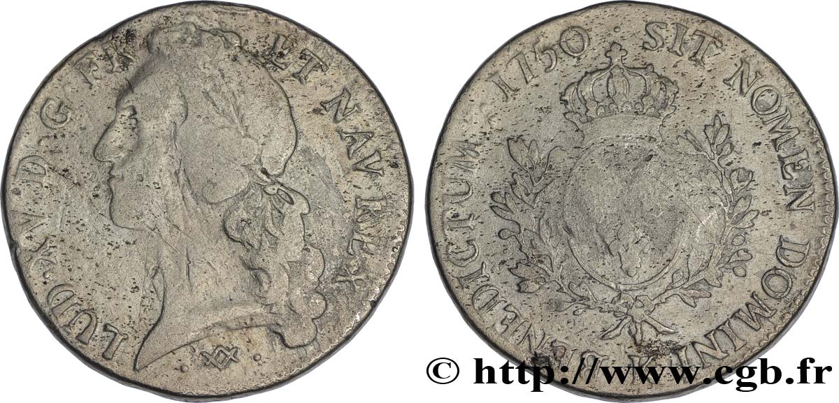 LOUIS XV  THE WELL-BELOVED  Écu aux branches d’olivier, tête ceinte d’un bandeau 1750 Bordeaux VF