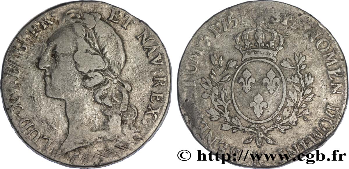 LOUIS XV DIT LE BIEN AIMÉ Écu aux branches d’olivier, tête ceinte d’un bandeau 1751 Bordeaux TB/TB+