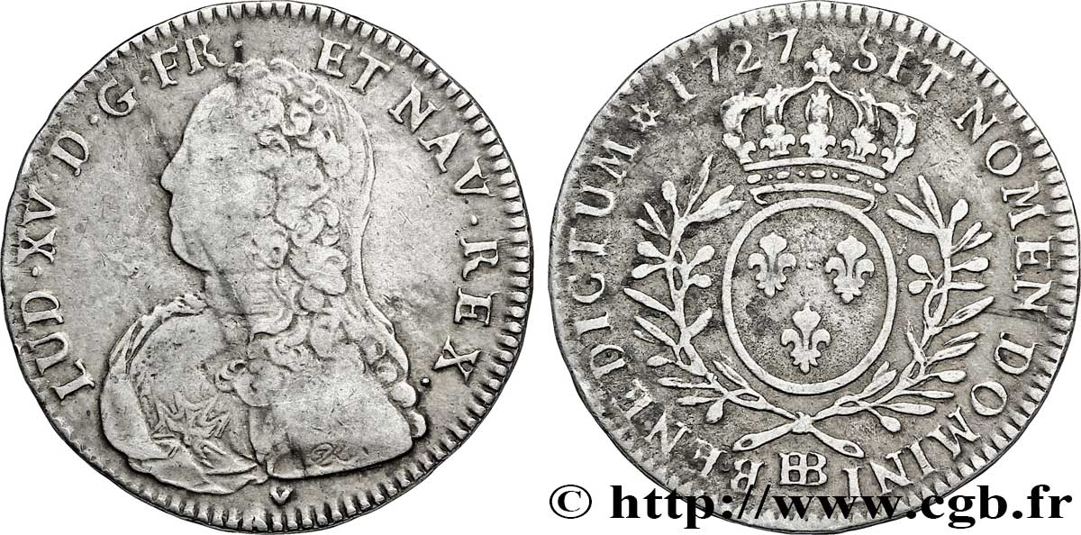 LOUIS XV DIT LE BIEN AIMÉ Demi-écu aux branches d&nbsp;olivier, buste habillé 1727 Strasbourg TB