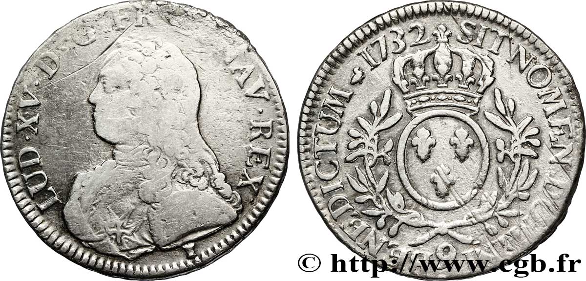 LOUIS XV DIT LE BIEN AIMÉ Écu aux branches d&nbsp;olivier, buste habillé 1732 Rennes TB