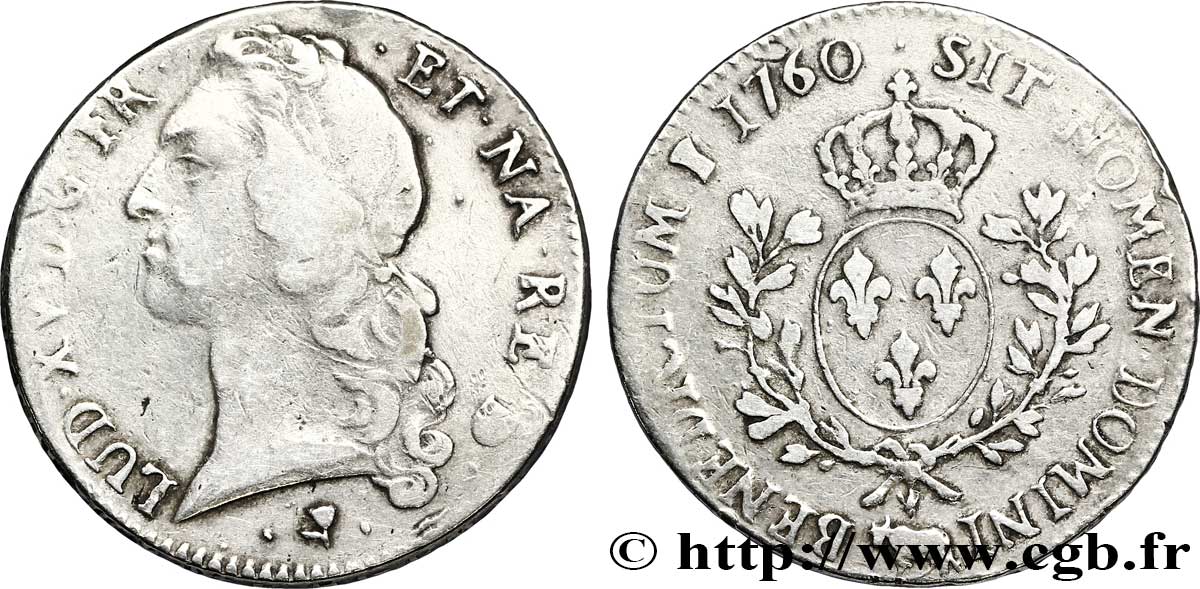 LOUIS XV DIT LE BIEN AIMÉ Écu aux branches d’olivier, tête ceinte d’un bandeau 1760 Pau TB+