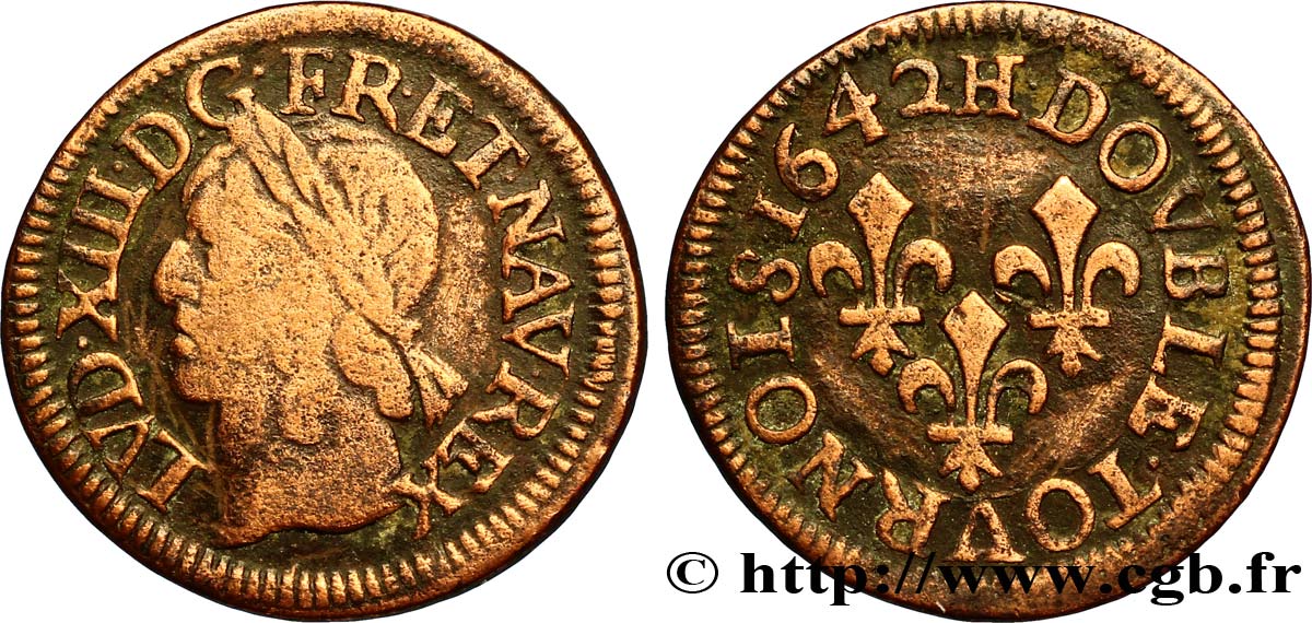 LOUIS XIII LE JUSTE Double tournois, type de Warin 1642 La Rochelle TB