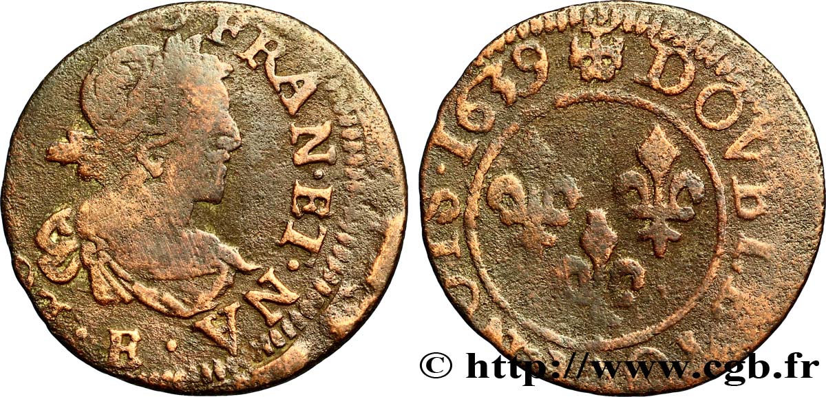 LOUIS XIII LE JUSTE Double tournois, 19e type 1639 Tours B+