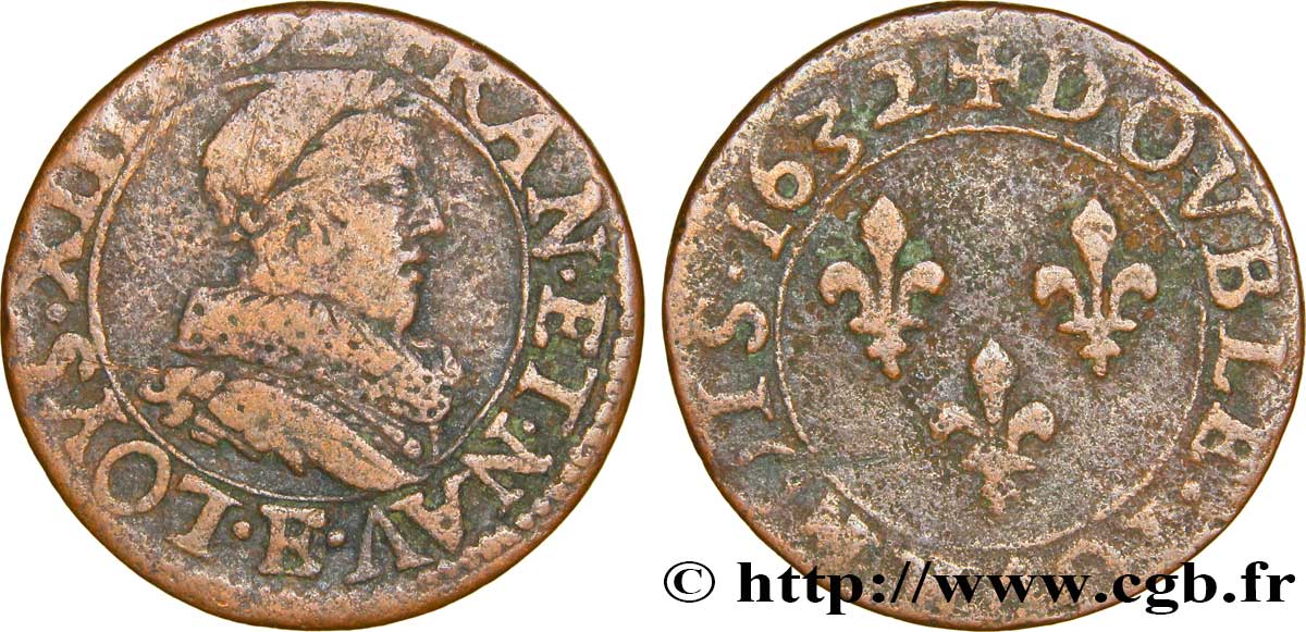 LOUIS XIII LE JUSTE Double tournois, type 1 de Tours 1632 Tours TB