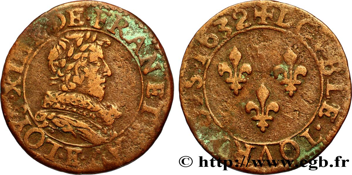 LOUIS XIII LE JUSTE Double tournois, type 1 de Tours 1632 Tours TB