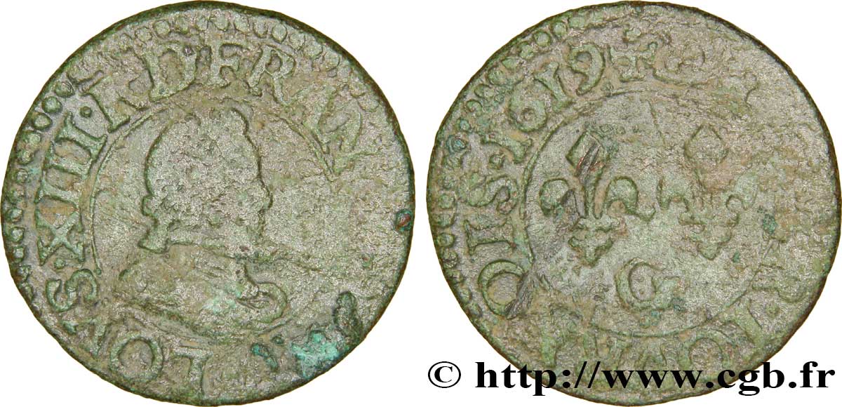 LOUIS XIII LE JUSTE Denier tournois, type 1 de Poitiers, buste A 1619 Poitiers TB