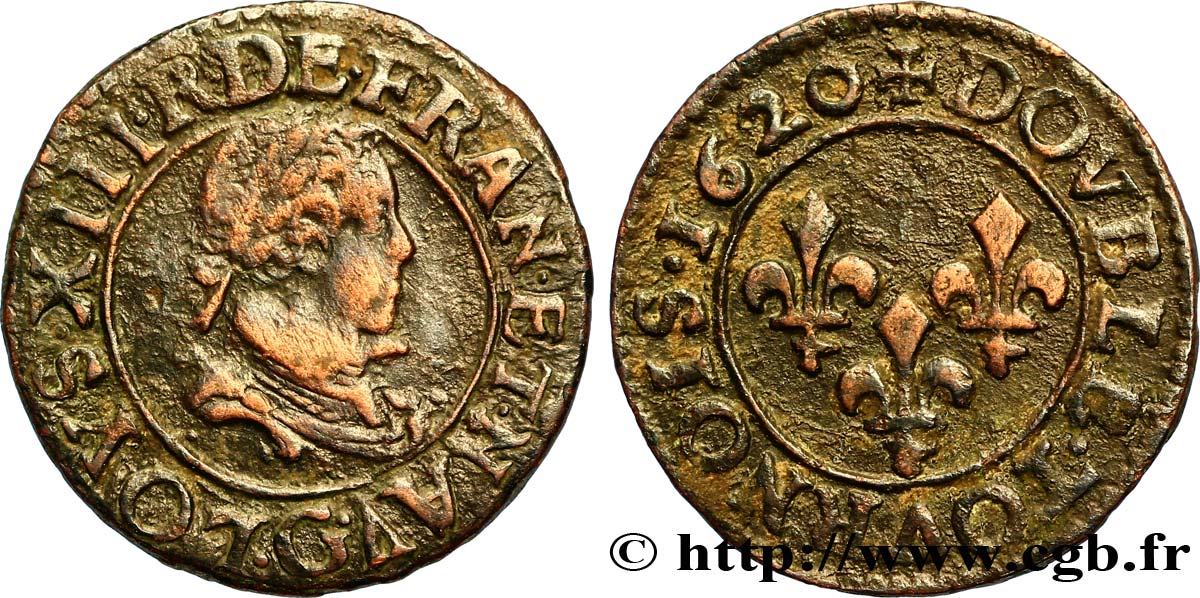 LOUIS XIII LE JUSTE Double tournois, type 2 de Poitiers 1620 Poitiers TB+