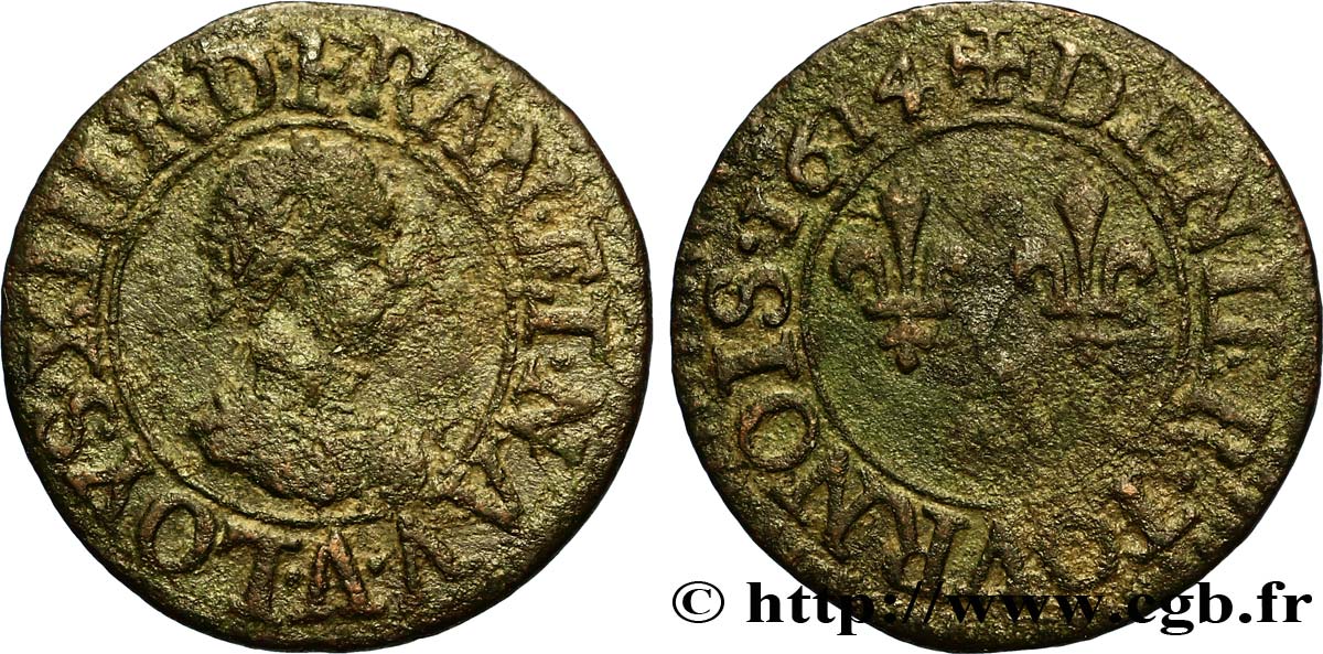LOUIS XIII LE JUSTE Denier tournois, type 1 1614 Paris B+/TB