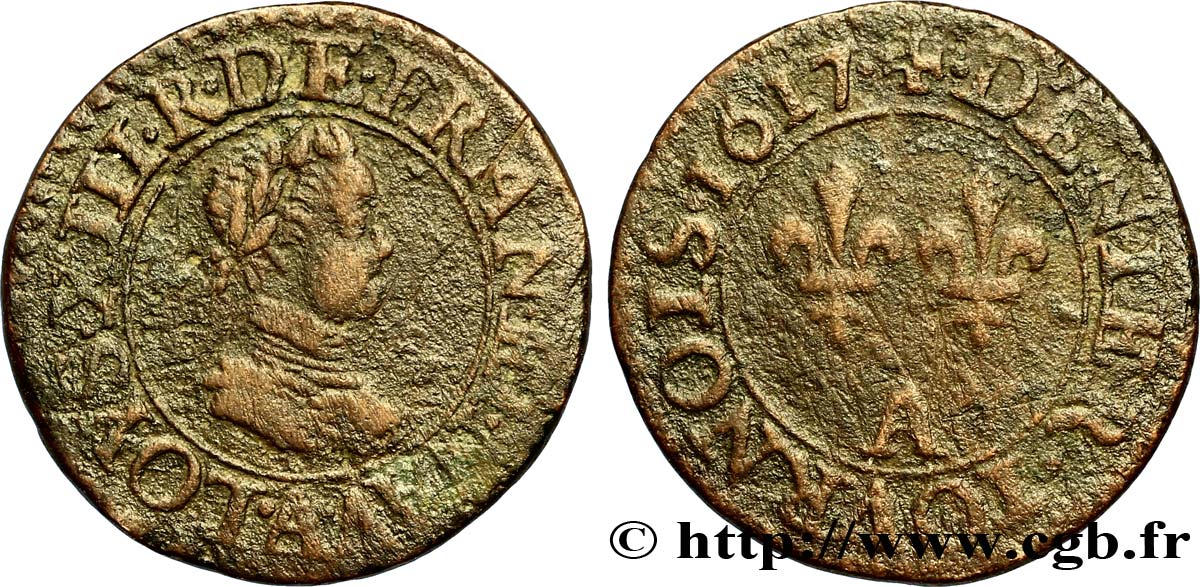 LOUIS XIII LE JUSTE Denier tournois, type 1 1617 Paris TB+
