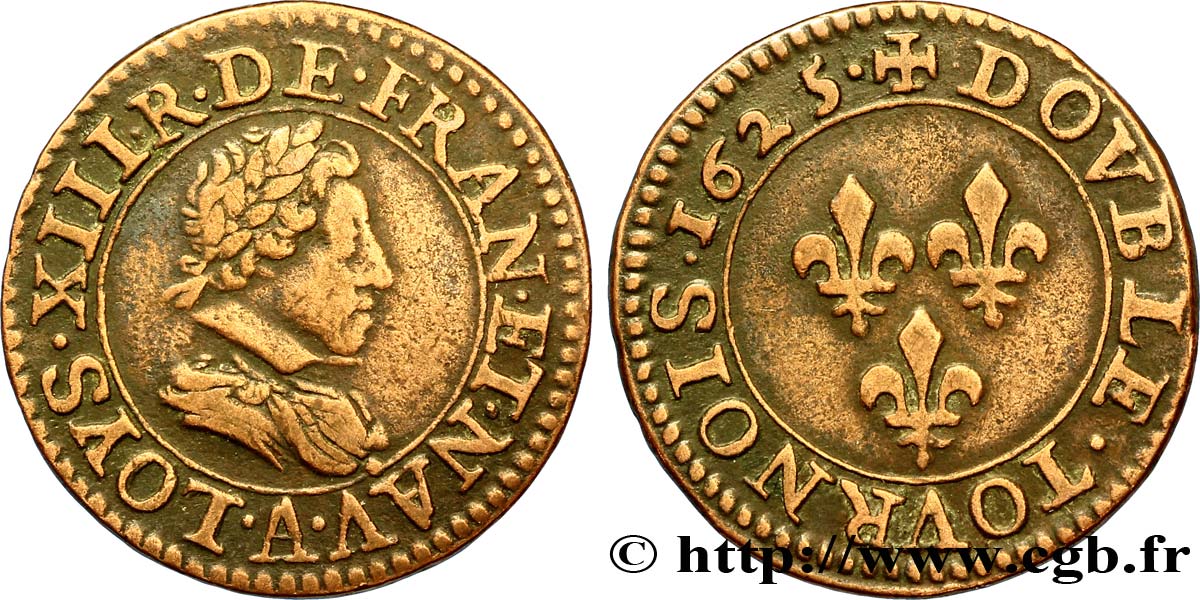 LOUIS XIII LE JUSTE Double tournois, type 2 de Paris 1625 Paris TB+