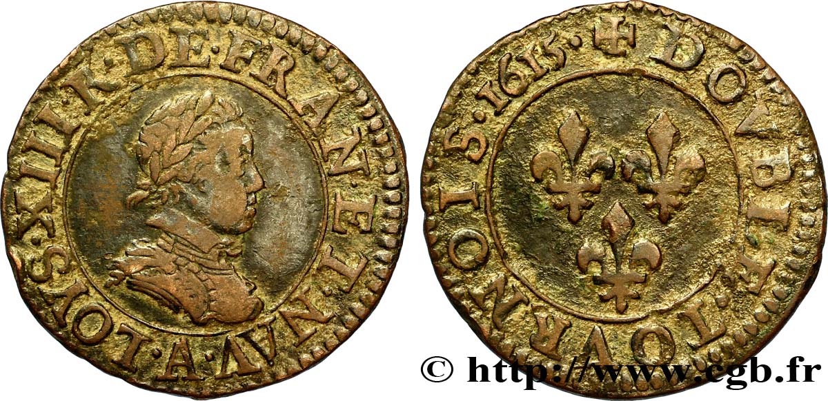 LOUIS XIII LE JUSTE Double tournois, type 1 1615 Paris, Moulin du Louvre TB