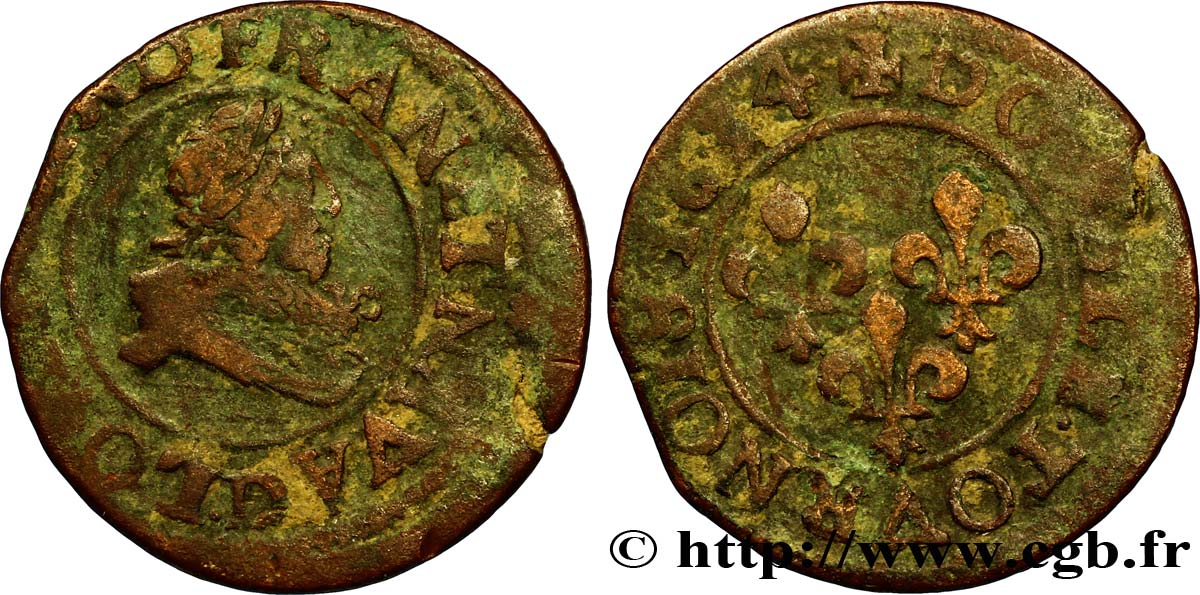 LOUIS XIII LE JUSTE Double tournois, type 8 1634 Lyon TB