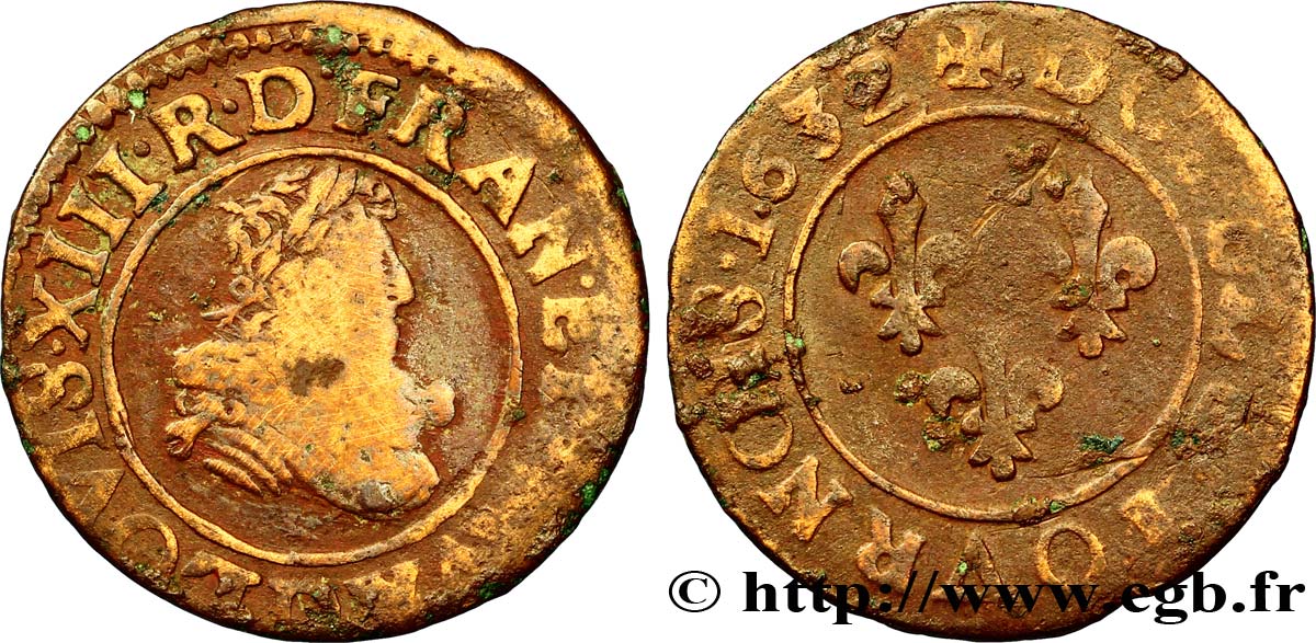 LOUIS XIII LE JUSTE Double tournois, type 8 1632 Lyon TB