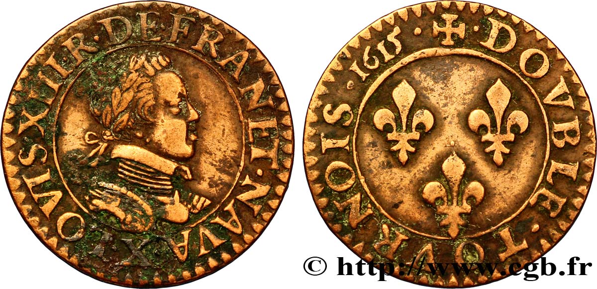 LOUIS XIII LE JUSTE Double tournois, type 2 1615 Amiens TB+