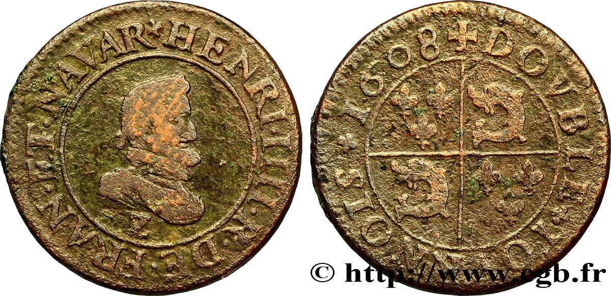 HENRI IV LE GRAND Double tournois au type du Dauphiné, frappé à Lyon au différent de Grenoble 1608 Lyon au différent de Grenoble TB