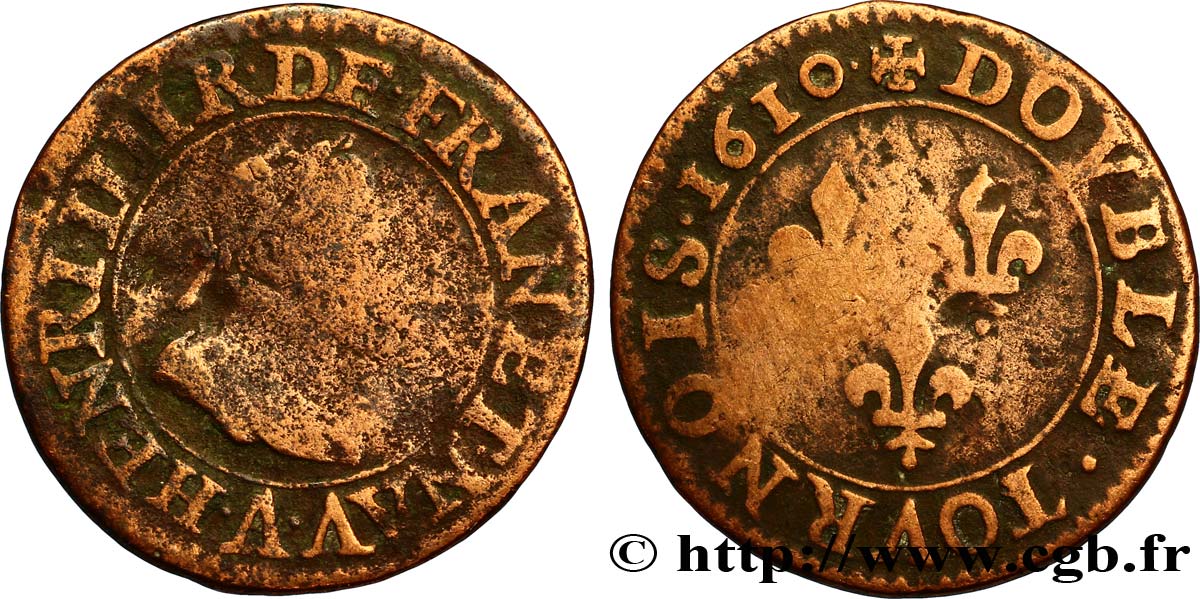 HENRI IV LE GRAND Double tournois, 2e type de Paris (légende française) 1610 Paris, Moulin des Étuves B+