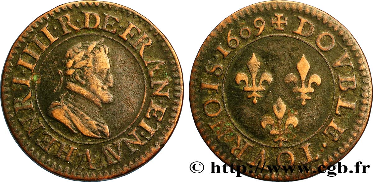 HENRY IV Double tournois, 2e type de Paris (légende française) 1609 Paris, Moulin des Étuves XF