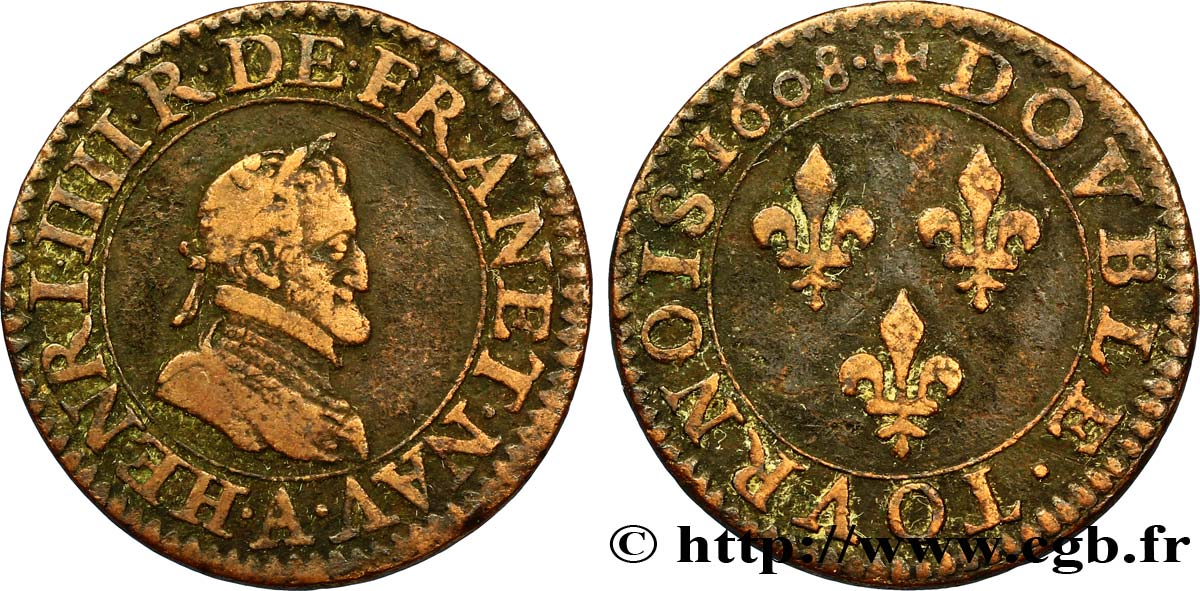 HENRI IV LE GRAND Double tournois, 2e type de Paris (légende française) 1608 Paris TB+