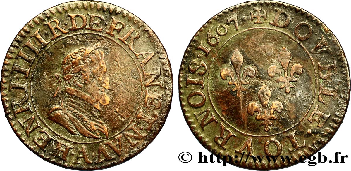 HENRI IV LE GRAND Double tournois, 2e type de Paris (légende française) 1607 Paris, Moulin des Étuves TB+
