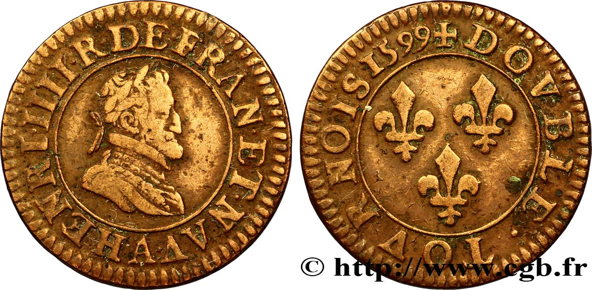HENRI IV LE GRAND Double tournois 1599 Paris, Moulin des Étuves TB