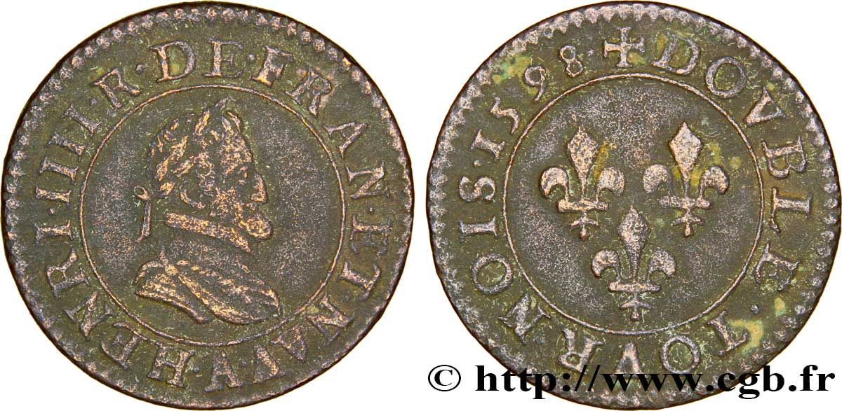 HENRI IV LE GRAND Double tournois, 2e type de Paris (légende française) 1598 Paris, Moulin des Étuves TB
