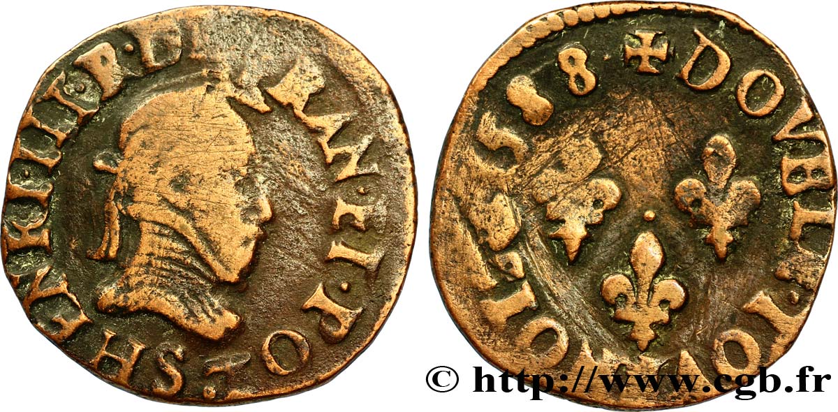 HENRI III Double tournois, type de Troyes 1588 Troyes TTB