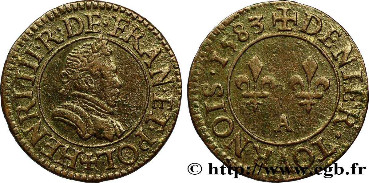 HENRI III Denier tournois, 1er type de Paris 1583 Paris, Moulin des Étuves TTB
