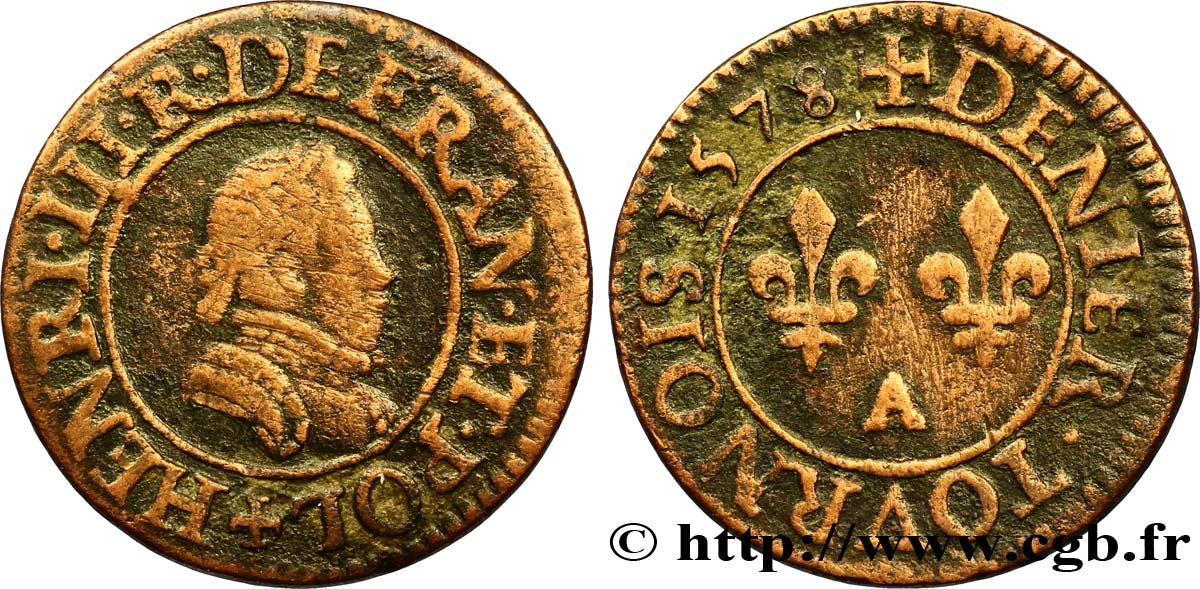 HENRI III Denier tournois, 1er type de Paris 1578 Paris, Moulin des Étuves TB