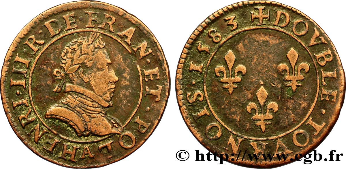 HENRY III Double tournois, 1er type de Paris 1583 Paris, Moulin des Étuves fSS